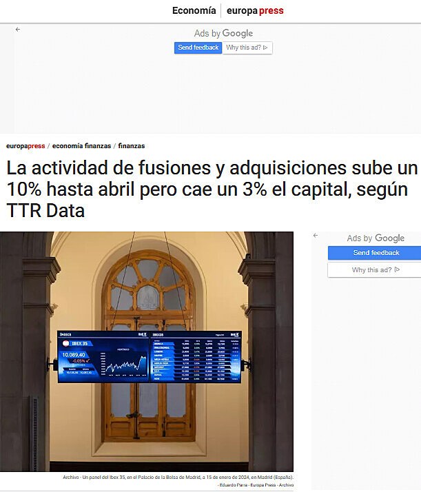 La actividad de fusiones y adquisiciones sube un 10% hasta abril pero cae un 3% el capital, segn TTR Data